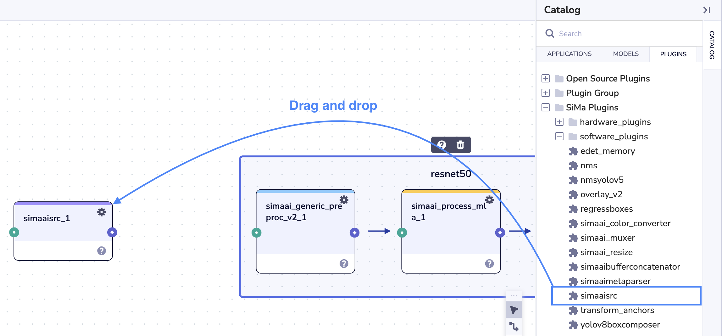 The simaaisrc plugin on the canvas